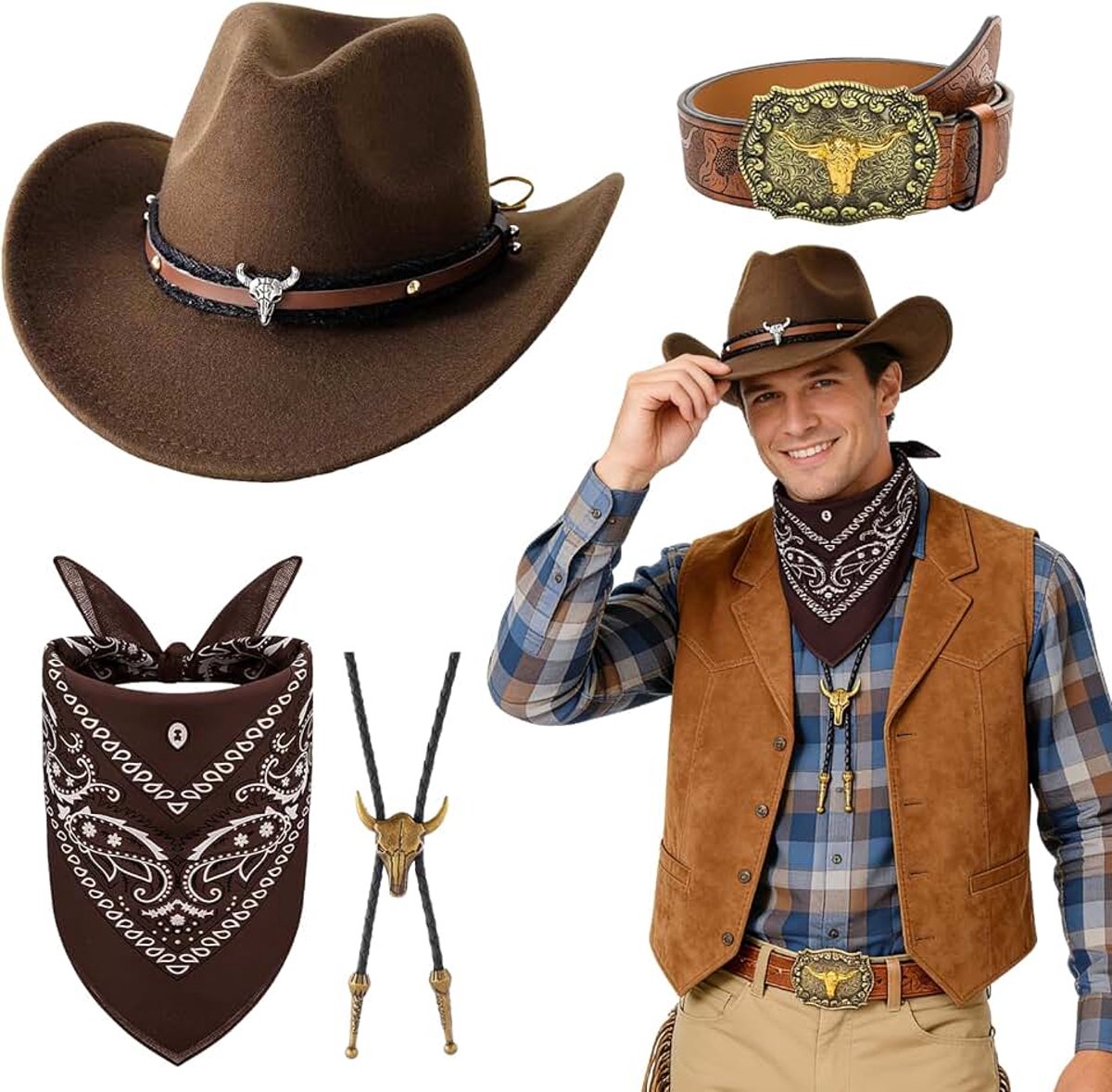 Cowboy kostuum accessoireset, 4-delige westernoutfit kit met bruine hoed, paisley bandana, riem, bolo-halsketting voor heren, cosplay party