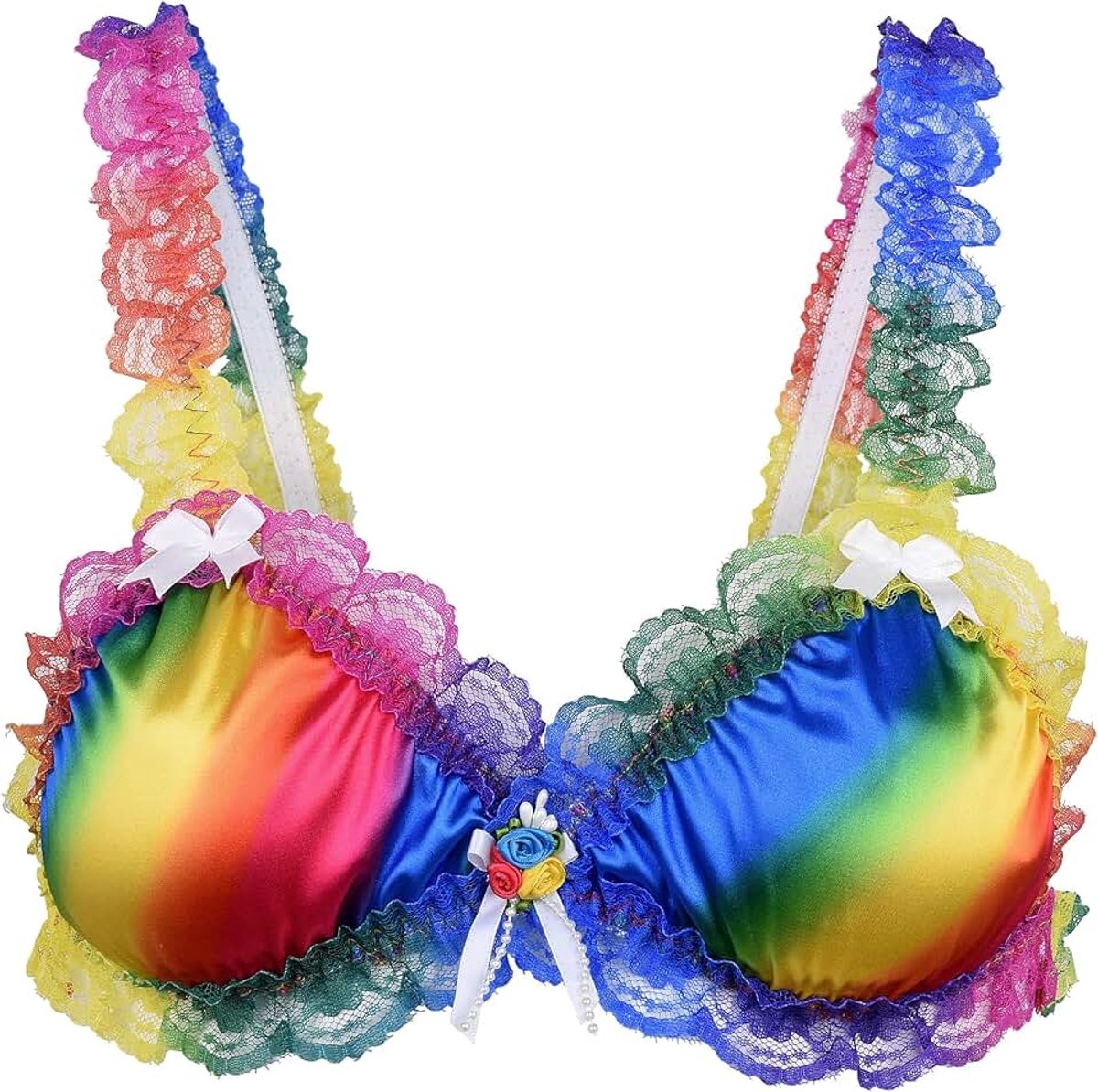 Satijnen Bralette Ruches Kant Lingerie | Satijnroosjes, Kunstparels, Elastische Onderborstband, Strikjes op Bandjes, Veelzijdig, Maten S-XXL