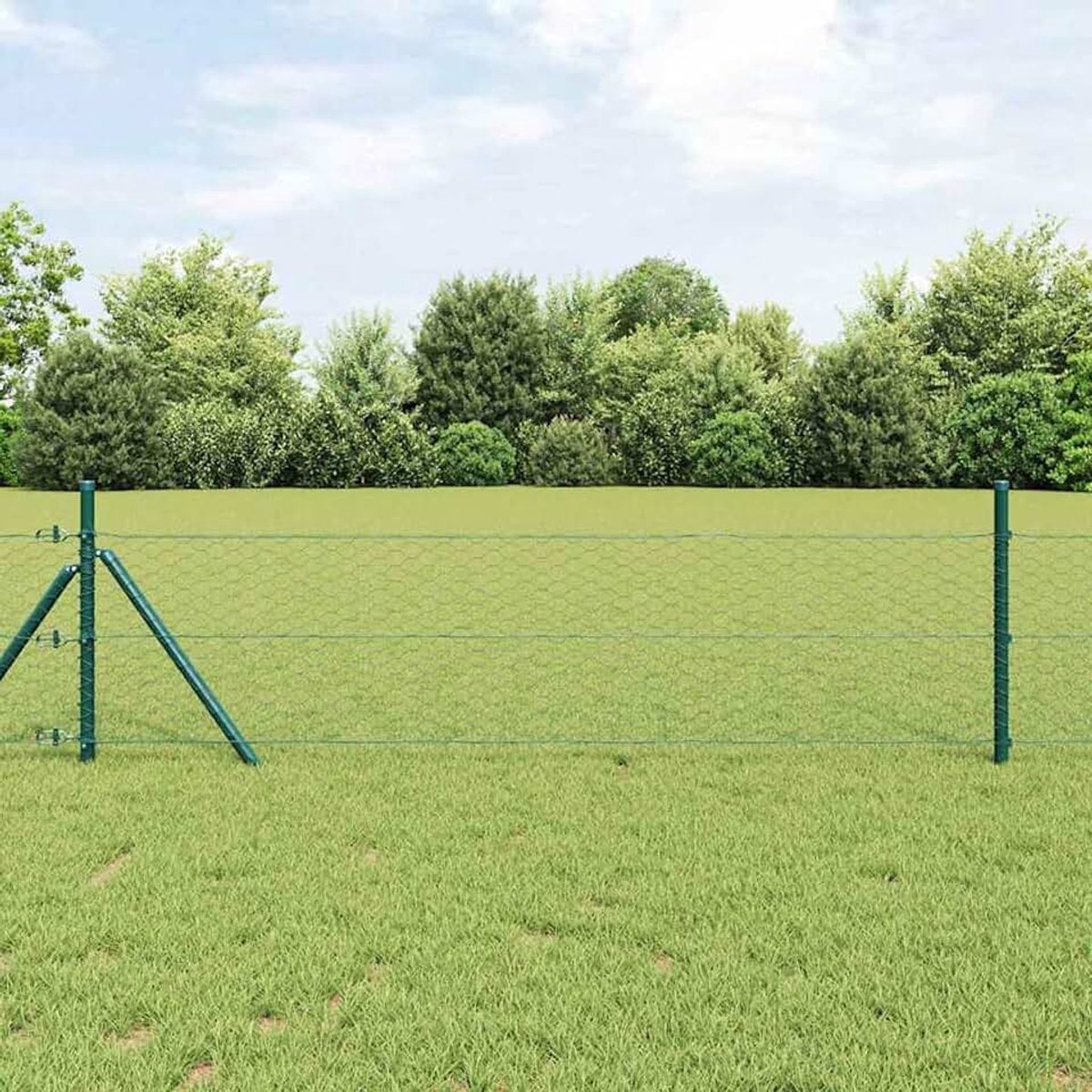 Zeshoekige omheining groen 0,5 x 50 m, hekpalen 13 stuks groen Ø 32 mm 100 cm verzinkt staal, stabiele stalen palen voor tuinhekken, landbouw, wilgennetten, kippendraad 3352698