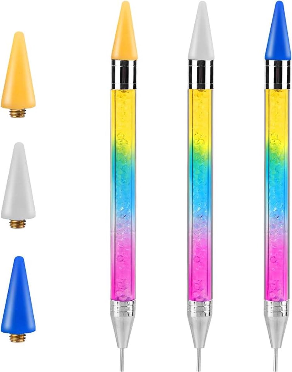 3st Waspotlood voor Strasssteentjes, Tweekoppig Strass-Kiezer met 3 Wastips Zelfklevend Strass-Applicatortool Puntgereedschap voor Nagels Doe-het-Zelf-Knutselwerkjes (Blauw, Geel, Wit)
