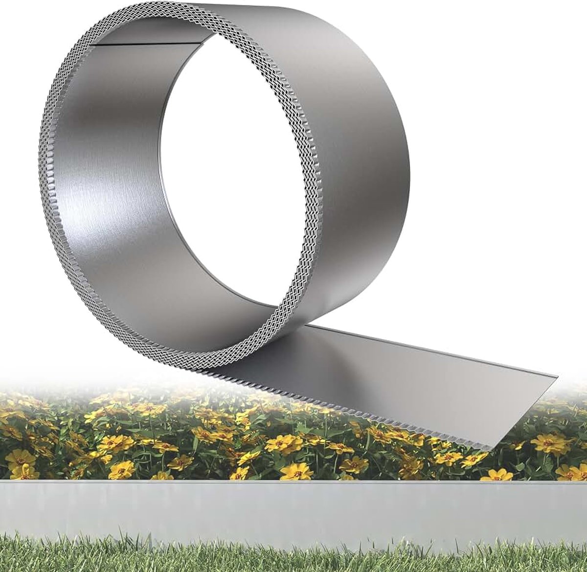 Gazonrand, 5 m, bloembegrenzing van metaal, bedomranding, weerbestendigheid, gegalvaniseerde gazonplaten, maairand, flexibele gazonomranding, 15 cm hoog, zilver