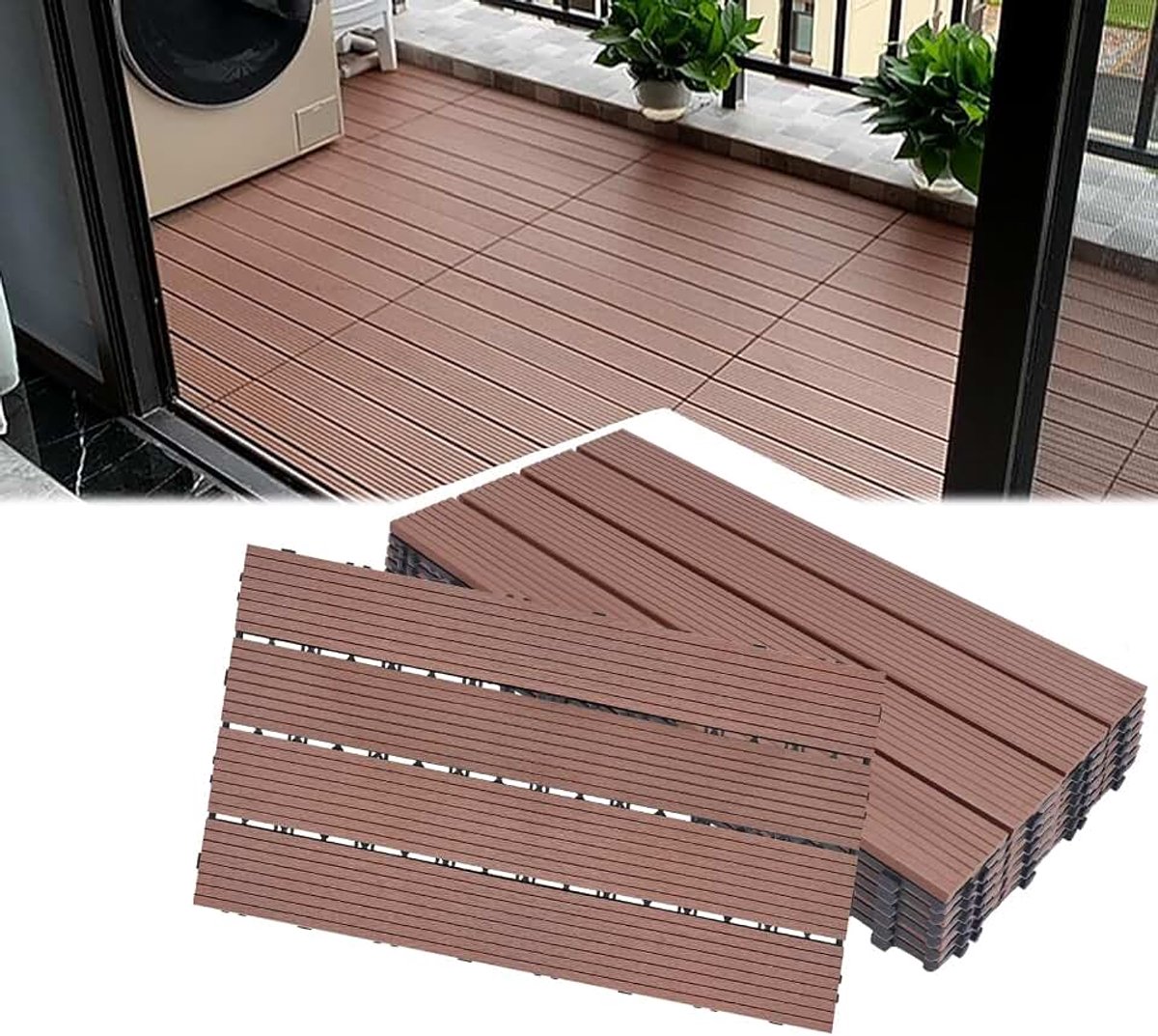 Terrastegels met kliksysteem, balkontegels, WPC, 30 x 60 cm / stuk, balkon, vloerbedekking, weerbestendig, met drainagefunctie, balkonvloer, houtlook, op maat te snijden, 6 stuks/1 m² (bruin)