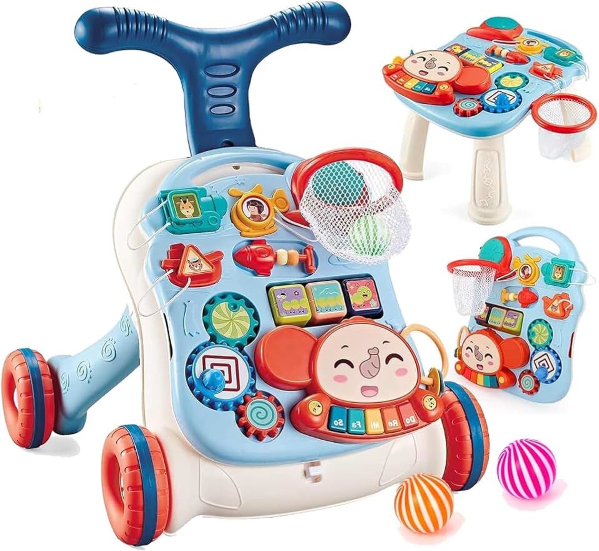 Stappen voor kinderen, 3-in-1 loopholeulp voor kinderen, afneembare speelplaat, vroeg leren, loophole met rubberen wielen, speelgoed vanaf 6 maanden, blauw en wit