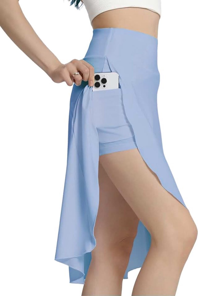 Damesrok met korte broek, atletische rok met hoge taille, met zakken, midi-lengte, vloeiende rok met split aan de zoom met ruches
