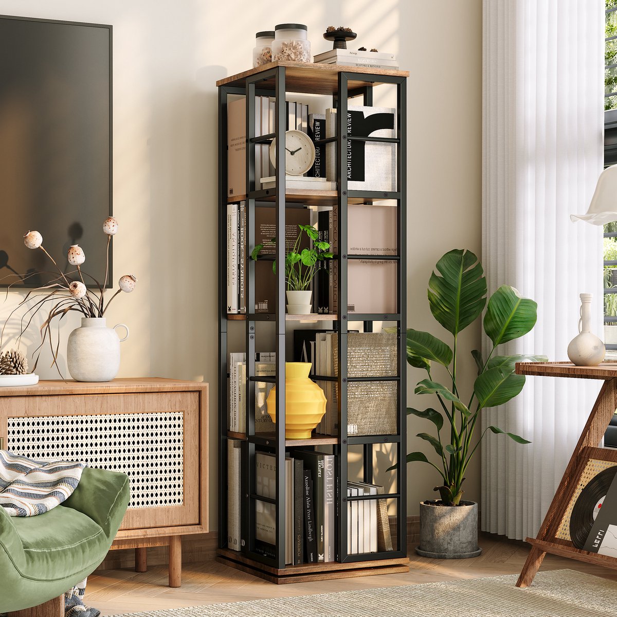 Draaiende Boekenkast 4 Lagen - 40x40x137.5cm - Boekenkast Vrijstaand - Displaykast Hoek - Metalen Frame - Voor Kantoor Woonkamer Slaapkamer - Bruin