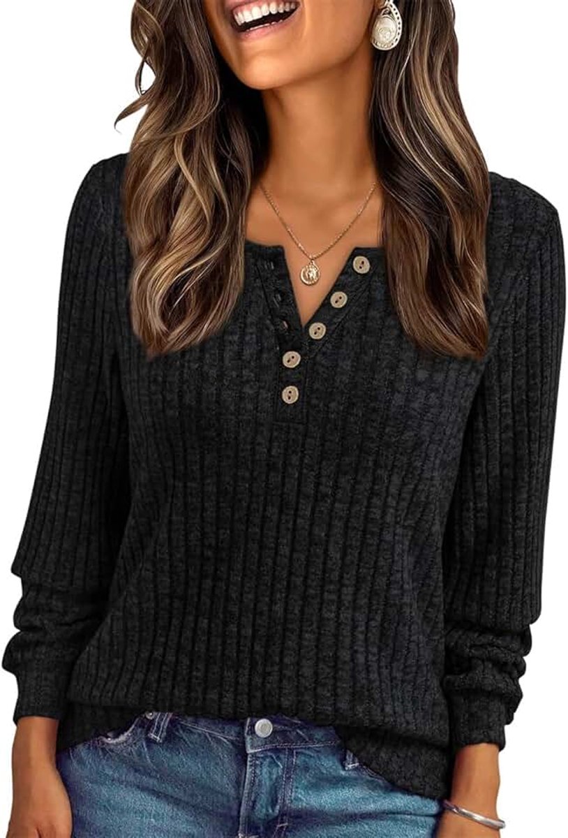 Dressy Casual Lange Mouw Geribbelde T-shirts Tuniek Tops Losse Fit Sweatshirts Shirts