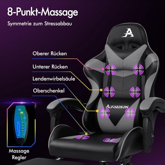 Ergonomische Gaming Massage Stoel met Hoofdsteun en Opvouwbare Voetensteun - In Hoogte Verstelbare Bureaustoel - Draagvermogen 180 kg - Grijs van Merkloos — afbeelding 3