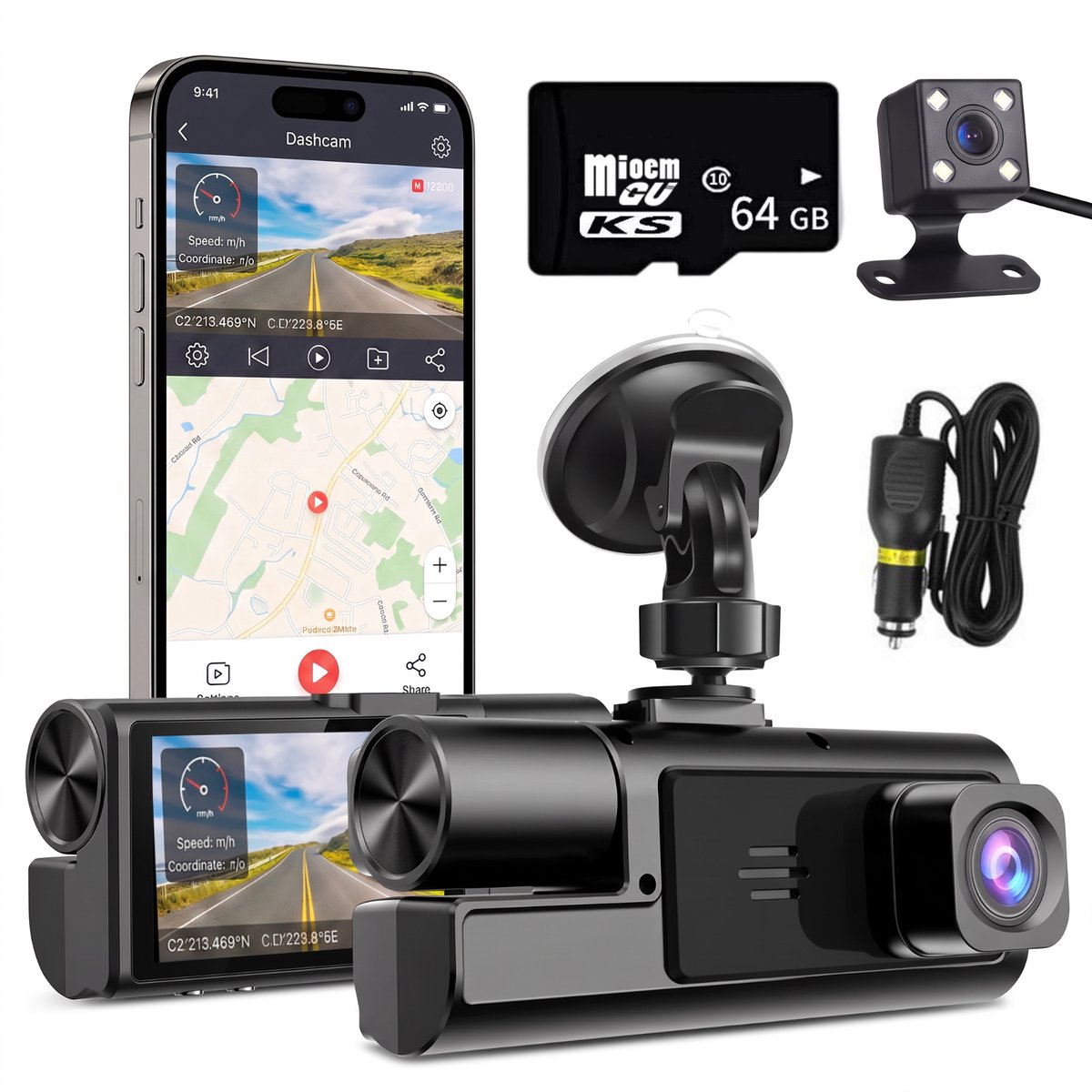 Fokelyi Dashcam Voor Auto - 1080P Drie Camera's Met Zuignap -Driving Recorder - 170° Groothoek En F2.0 Nachtzicht - Parkeerbewaking En Loopopname - HD Dashcams Voor Achter