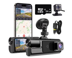 Fokelyi Dashcam Voor Auto - 1080P Drie Camera's Met Zuignap -Driving Recorder - 170° Groothoek En F2.0 Nachtzicht - Parkeerbewaking En Loopopname - HD Dashcams Voor Achter