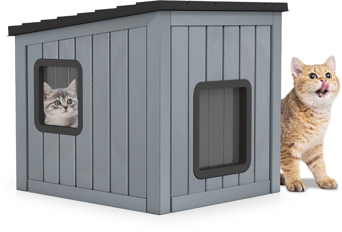 Kattenhuis - Voor buiten - Hok - Kooi - Bench - Ren - 1 verdieping - duurzaam - Grijs