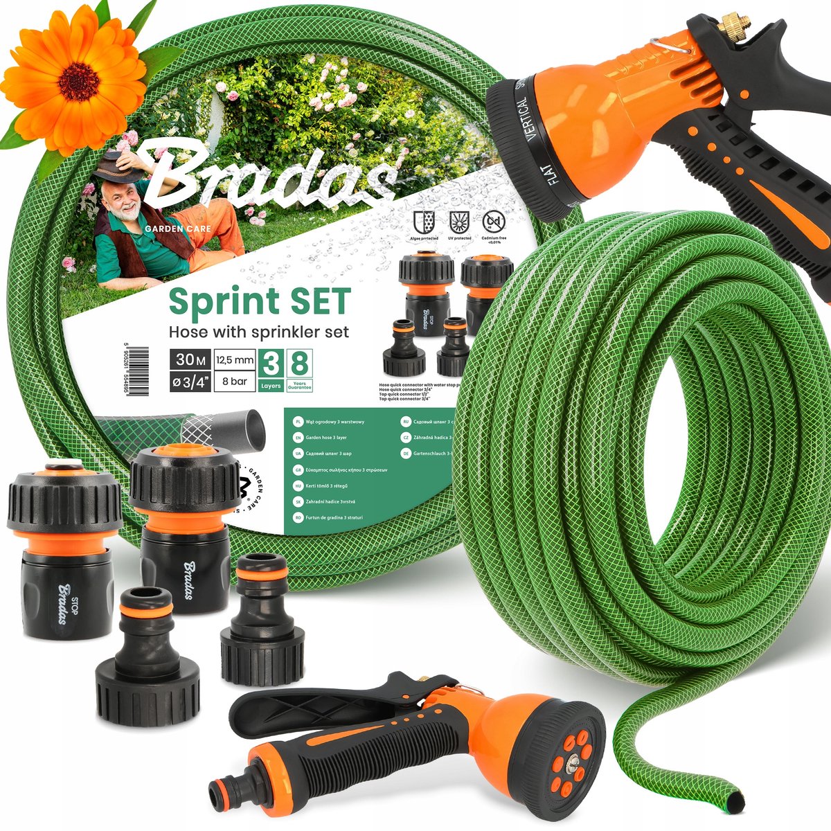 30m Tuinslang 3/4" Groen 3-laags met 7-functie spuitpistool en koppelingen