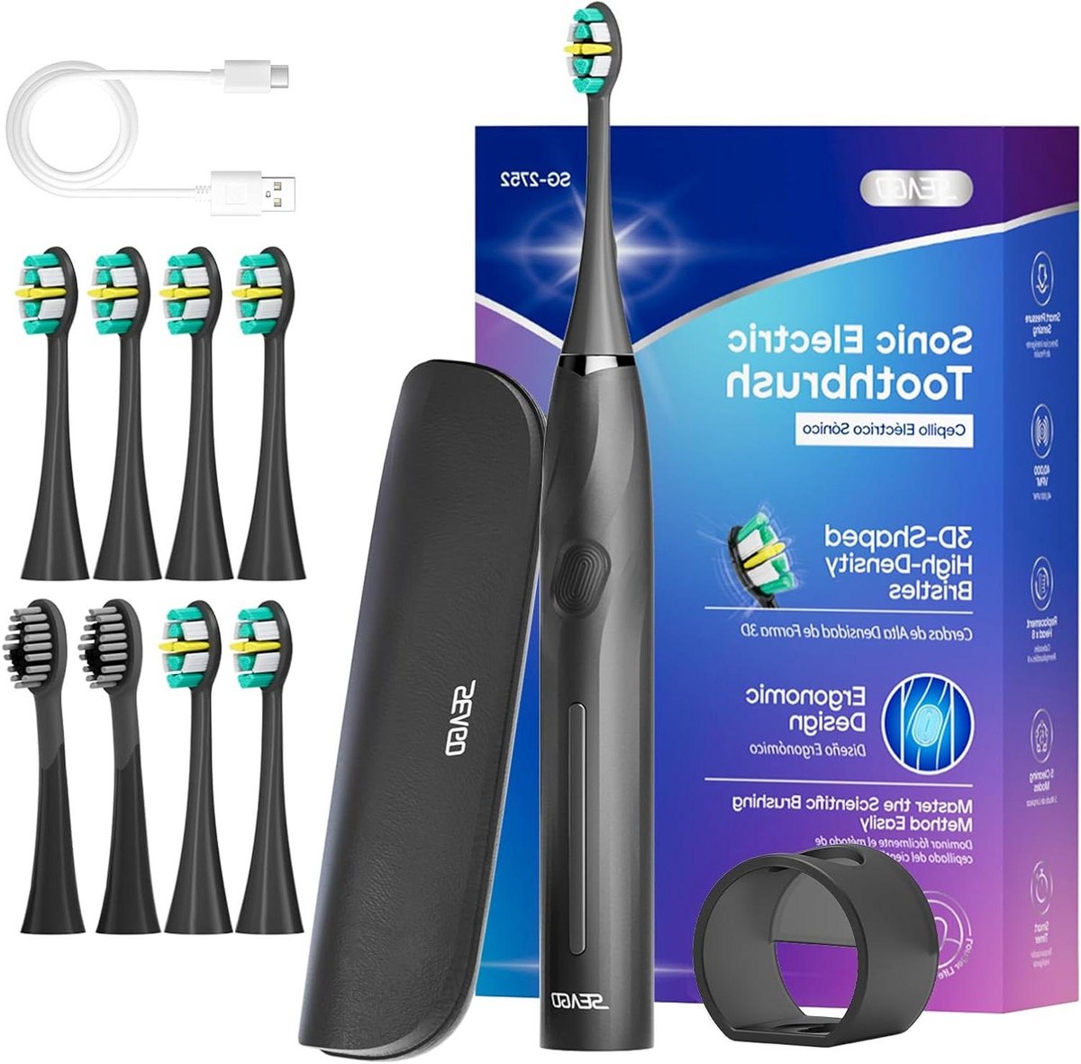 Elektrische Tandenborstel - Sonische Borstel - Mondhygiëne Verbeteren - 40.000 VPM Kracht - 8 Zachte Koppen - Zwart
