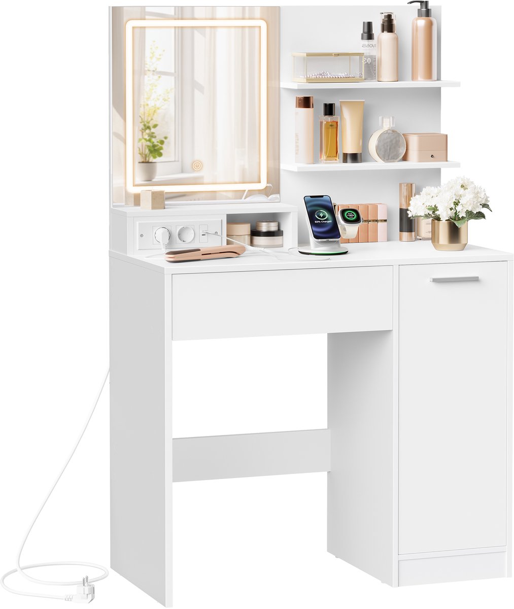 Conway Living® Kaptafel met LED Spiegel en Stopcontact - Make-up Tafel met Lade, Kast en Planken - 40x80x132 cm - Wit