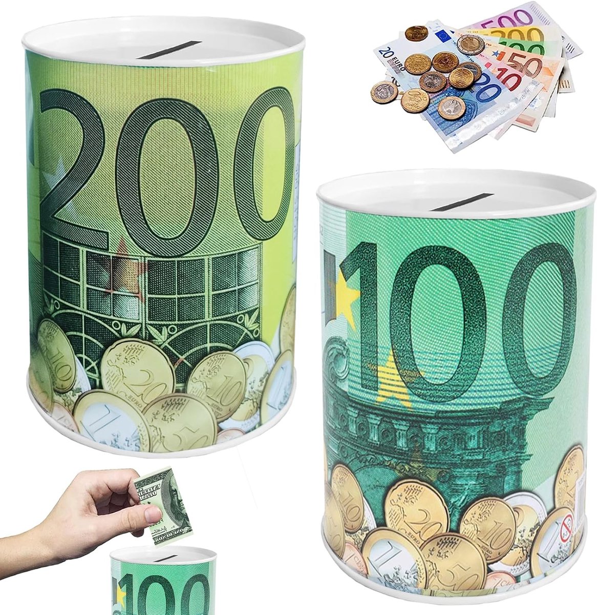 Spaarpot, metaal, spaarvarken, euromunten, spaarpot, niet om te openen, grappige gepersonaliseerde munten, spaarpot, spaarpot voor bankbiljetten, cadeau-idee, verjaardag, 2 stuks