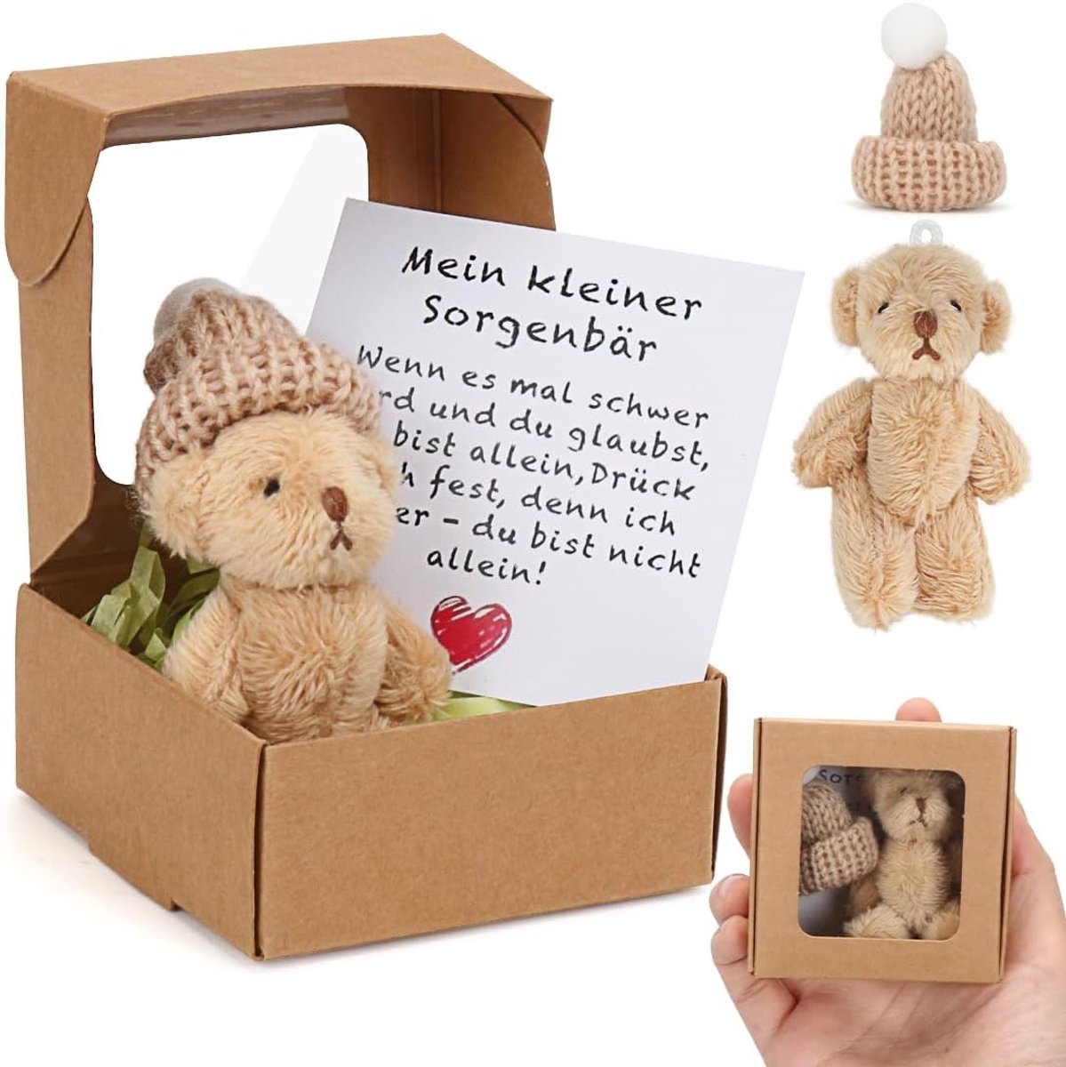 Hug Mini teddybeer bruin, mini knuffelbeer met kaartje, kleine geschenkdoos, verjaardagscadeau, kerstcadeau voor dames