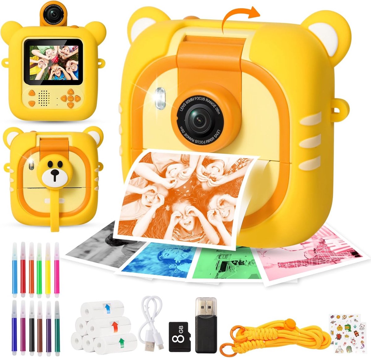 Instant Camera Kinderkamera met 7 rollen,2,4" Scherm &180°Lens | 1080P Video met kaart&7 Papieren (4 Kleuren:R/O/B/G+3 ZW),Cadeau voor Kerst/Verjaardag voor Jongens & Meisjes van 3-12,M2