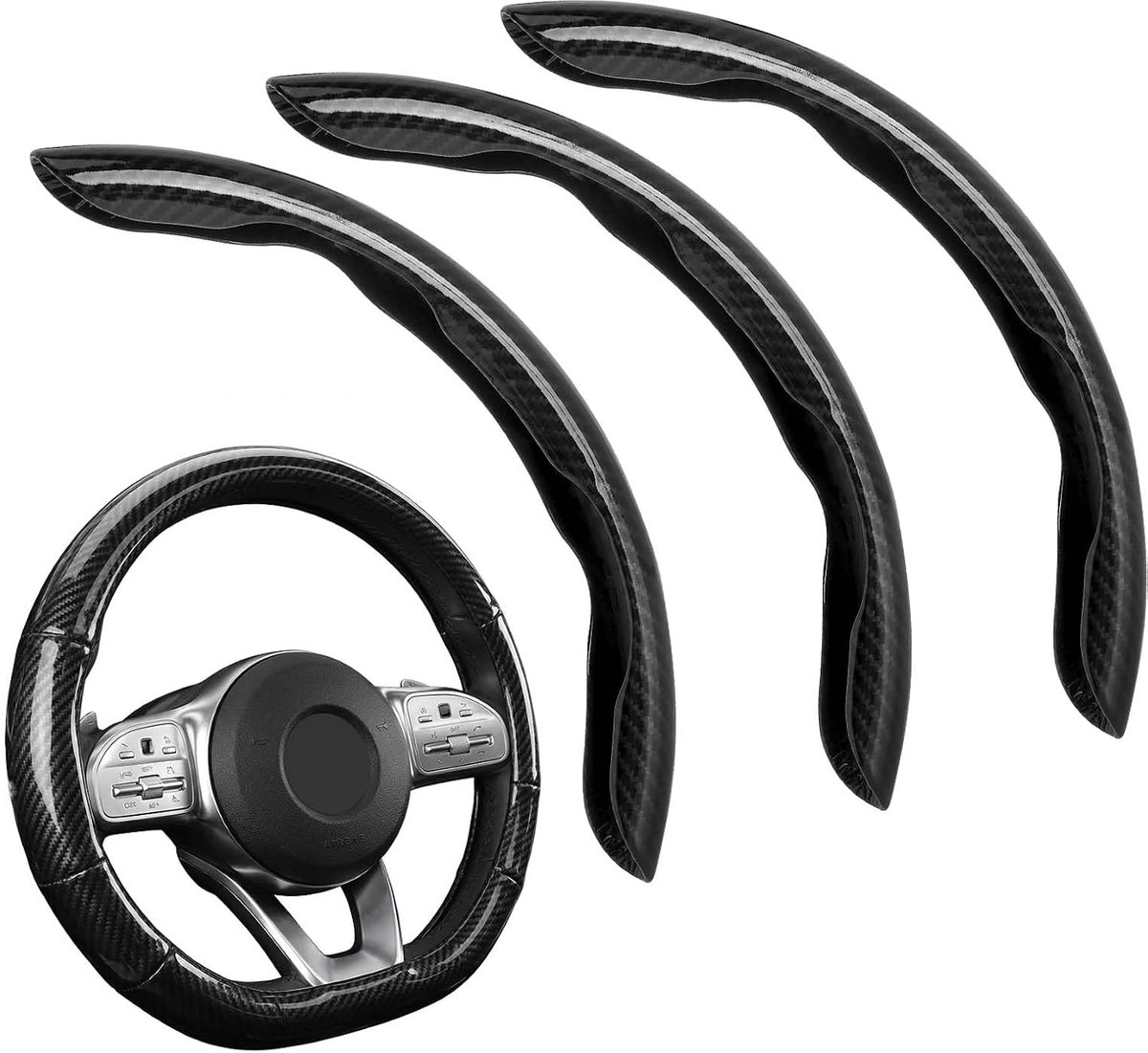 Stuurhoes, carbon-look, 3-delig, gesegmenteerde stuurbescherming, antislip, stuurhoes voor auto-accessoires, interieur, universeel, voor 99% auto, SUV, vrachtwagen, zwart