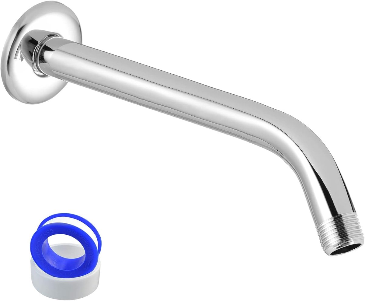 Douche-arm met flens en teflonband, 25 cm verlenging, douchekop, arm voor badkamer, vaste douchekop, massief roestvrij staal, wandmontage (chroom)