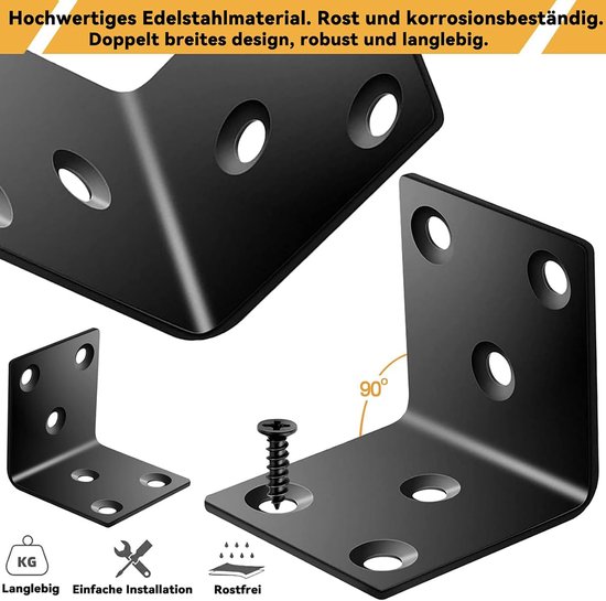 10 stuks hoekverbinders, 50 x 50 x 50 mm, zwart, roestvrij staal, houtverbinders - Balkhoek houtverbinder, A2 V2A metalen hoekverbinder met schroeven voor lade, kast en meubelreparaties — afbeelding 5