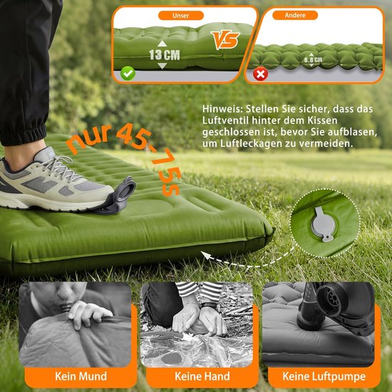 Zelfopblazend, 13 cm dik, opblaasbaar matras met huttenslaapzak, voetpomp en kussen, isomat, campingmatras, luchtmatras voor outdoor, kamperen, wandelen, fietsen (groen) — afbeelding 5
