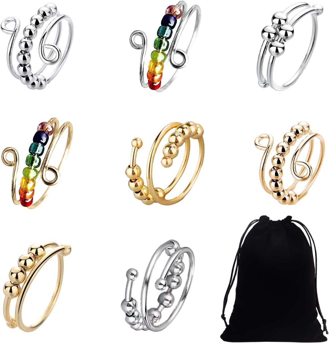 Ringen met kralen, draaibare stressring met 1 opbergtas, voor dames en meisjes