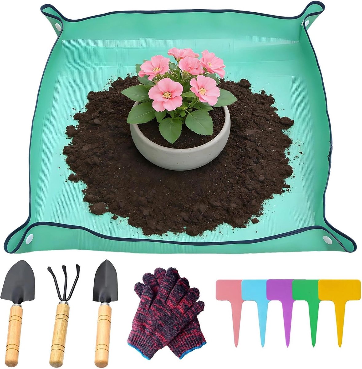 Waterdicht, 100 x 100 cm, plantenmat met tuingereedschap, opvouwbare plantenmat voor het verpotten van zaailingen, als vervanging van vloer en om te snoeien (groen)