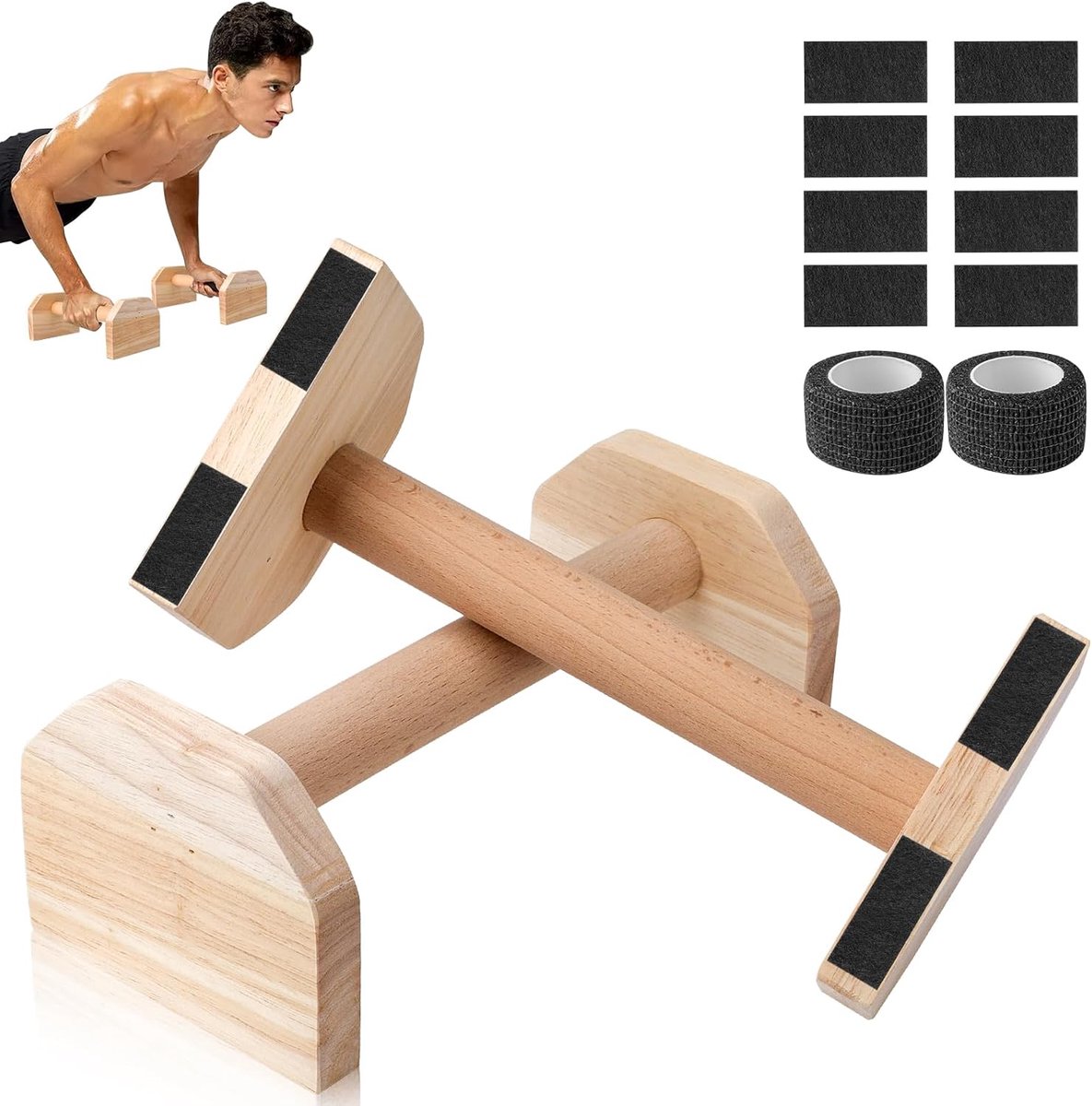 Hout, 2 stuks, ergonomisch, voor calisthenics | Houten parallellen, voor push-ups, handstand, bovenlichaamstraining, indoor en outdoor, thuisgym, antislip, ruimtebesparend