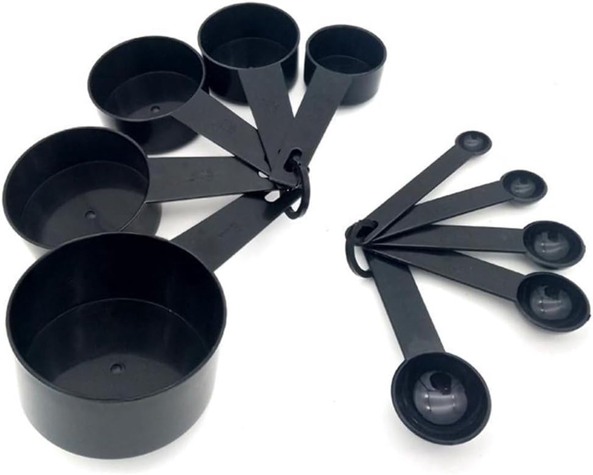 Maatbekers en Maatlepels Set 10-delig – Amerikaanse Cups & Spoons – Duidelijke Maatmarkering – Met Ophangclip – Voor Koken & Bakken – Zwart