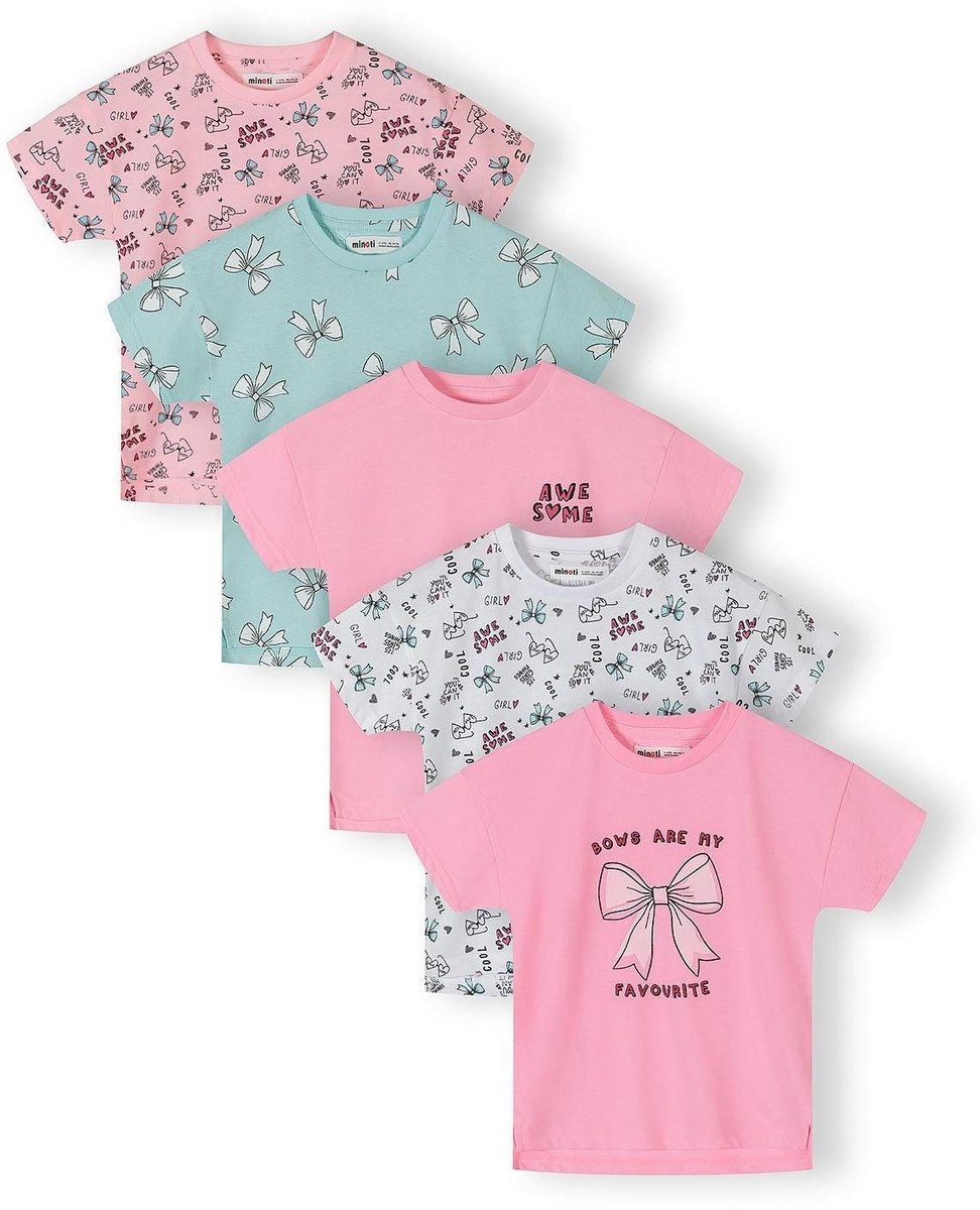 Minoti t-shirt meisjes 5-pack met strikprint - 100% katoen - roze