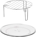 Zilverkleurig metalen rooster en een rond glazen draaiplateau voor inbouwmagnetron.