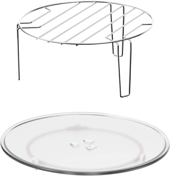Zilverkleurig metalen rooster en een rond glazen draaiplateau voor inbouwmagnetron.