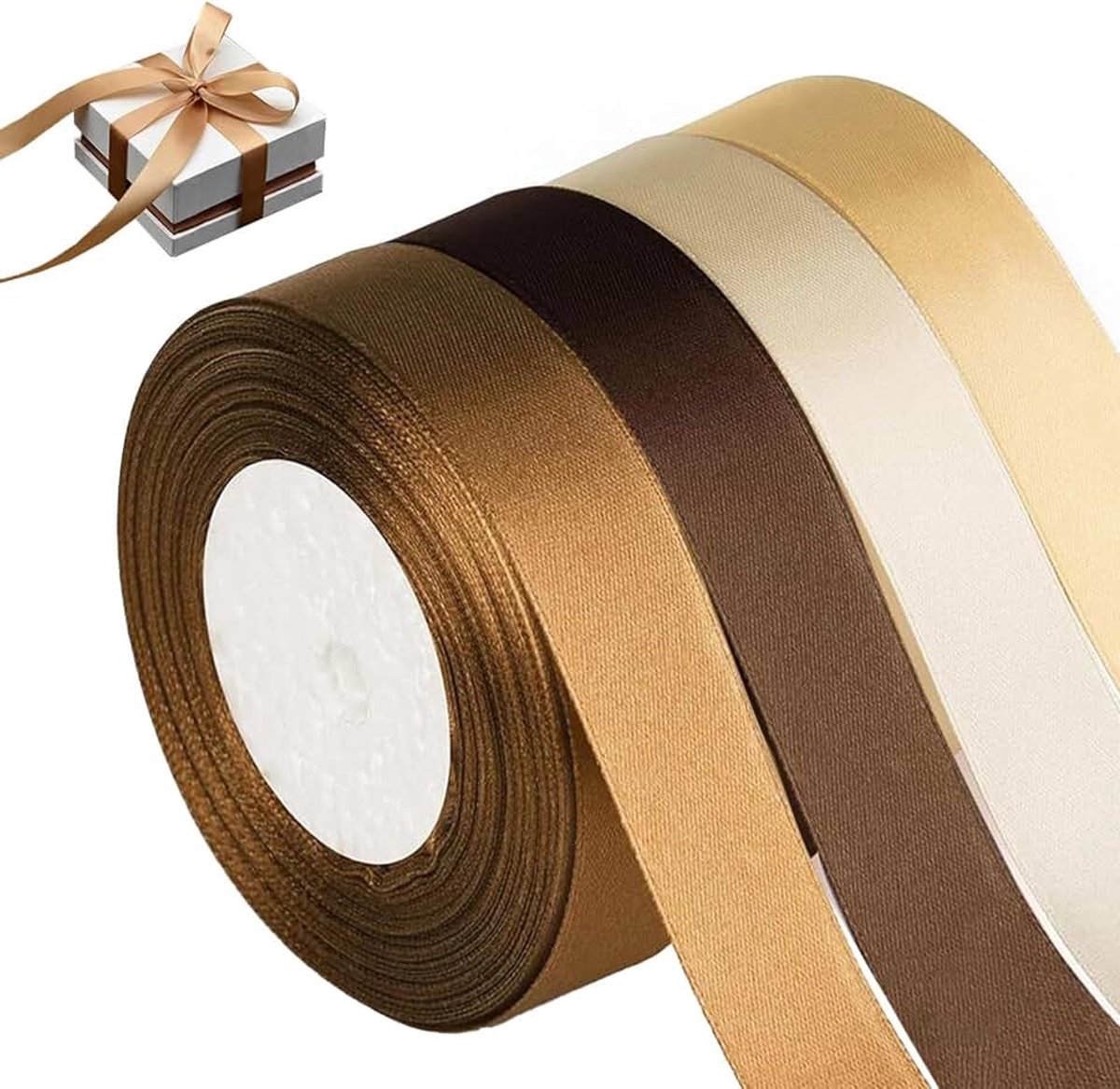 4 rollen satijnen lint, champagnegoud, 20 mm, champagne, licht, banden, cadeaulint, verpakking, polyester banden, voor geschenkverpakkingen, handwerk, verjaardag en bruiloftsdecoratie, 4 kleuren