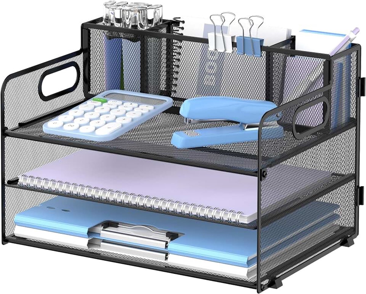 3-laags bureauorganizer met handvat en 3 penhouders, mesh papier/bestandsorganizer voor bureau, papieren brievenbakorganizer voor kantoorbenodigdheden (zwart)