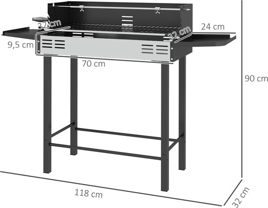 Houtskoolbarbecue met rooster op 3 niveaus en opvouwbare zijplanken, 118 x 32 x 90 cm, zwart — afbeelding 4