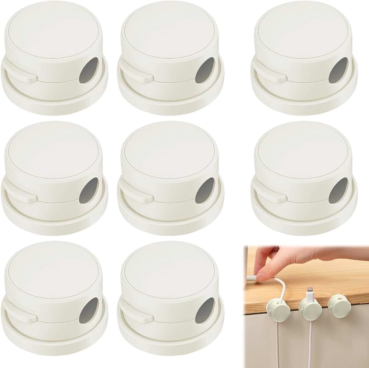 Kabelclips, zelfklevend, 8 stuks, 360° draaibare kabelhouder, bureau-kabelclips voor nachtkastje, oplaadkabels, USB, oplaadkabel (wit)