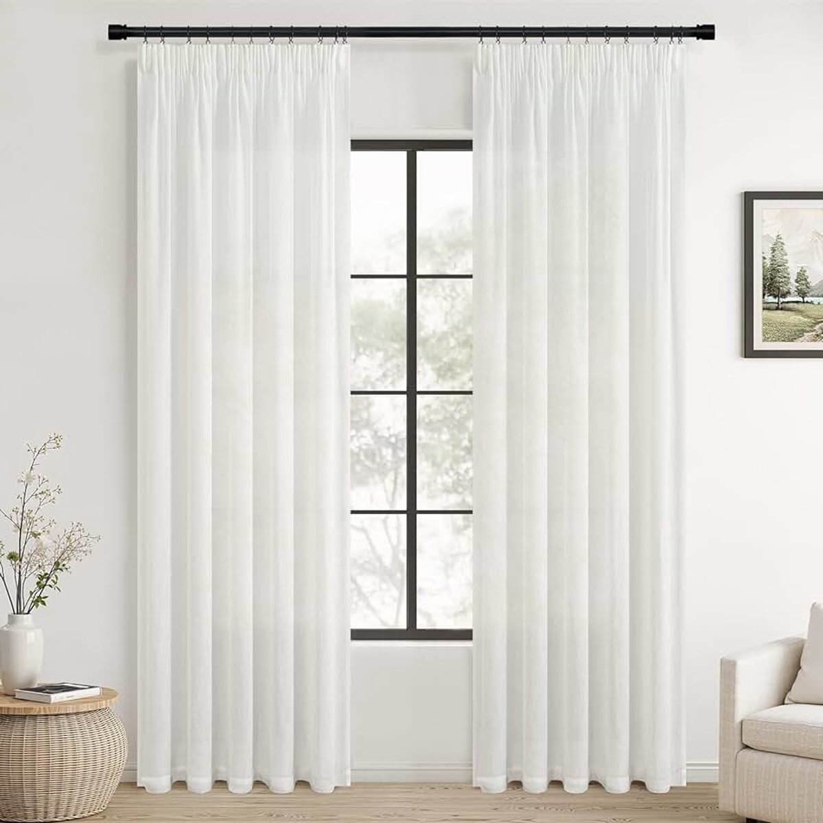 Gordijnen, wit linnen, woonkamer, modern, wit, slaapkamer, boho, gordijn met plooiband, half-transparant, linnenlook, gordijn voor railsysteem, 225 x 140 cm