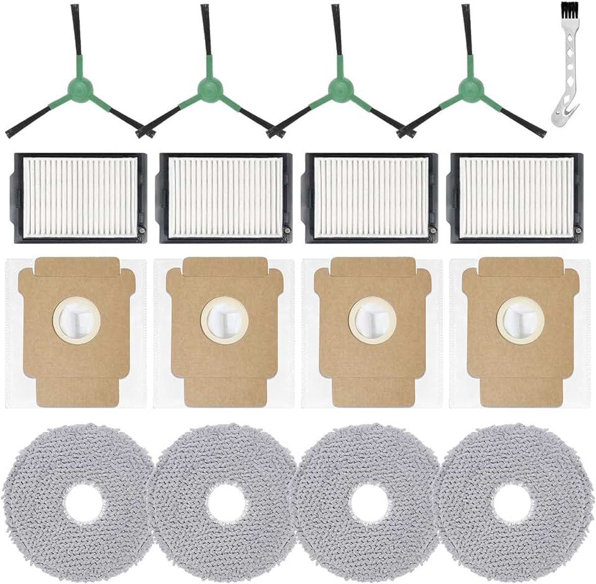 Accessoire-vervanging voor iRobot Roomba Plus 405 Combo Robot + / 505 Combo Robot + stofzuigerreserveonderdeel, 4 reinigingsdoeken, 4 stofzakken, 4 zijborstels, 4 filters