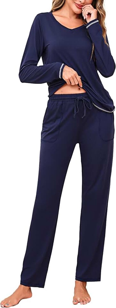 Winterpyjama voor dames, winter, katoen, 2-delig, zacht, met V-hals, lange broek en zakken, comfortabele pyjama voor thuis, ontspanning, S-XXL