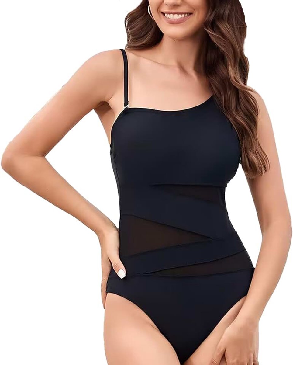 Eendelig badpak voor dames, V-hals, curvy, elegante buik, ruches, push-up, beachwear, monokini, buikcontrole, vintage, sexy, hoge taille, zwempak, slimfit, eendelig strandbadpak
