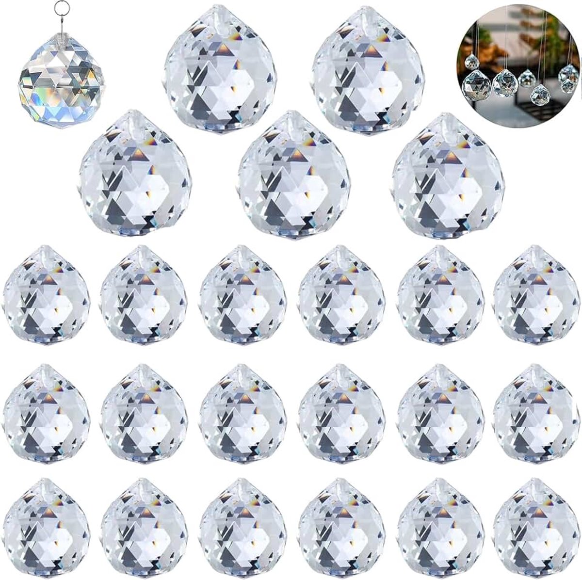 24 stuks kristallen om op te hangen, fonkelen, prismakristal, met 24 metalen ringen, kristallen ballen, prismahanger, zonnevanger, kristal, glas, prisma, Feng Shui, zonnevanger, kristal voor ramen