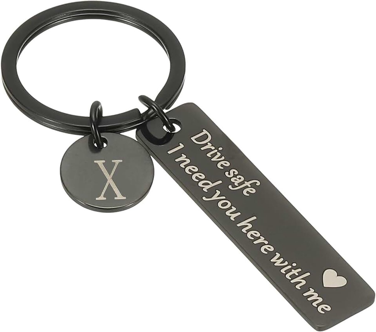 Drive Safe sleutelhanger, 1 set sleutelhanger letter X Ich brauche Dich Hier mit Mich, gepersonaliseerde sleutelhanger met geschenkdoos voor hem, kerstcadeaus, Valentijnsdag, zwart, Zwart