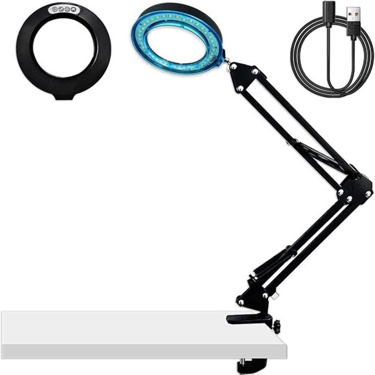 Vergrootglas met licht, standaard en verstelbare zwenkarm - LED-verlichte loeplamp met klem - 5 kleurmodi, 10 helderheidsniveaus - Tafellamp voor hobby's, knutselen, lezen - Vergrootlamp met 10x vergroting.