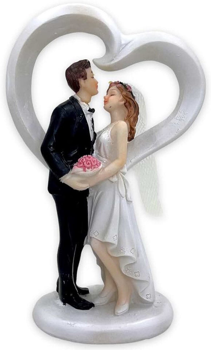 Bruidspaar – handbeschilderde bruidstaart-topper van polyhars – decoratiefiguren voor bruiloft, bruiloft en tafel (kussend met hart)