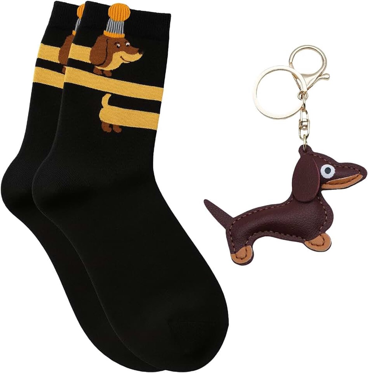 2 stuks teckel geschenken, sleutelhanger teckel en sokken, schattige puppy hondentas hanger leer geluksbrenger, teckel geschenken voor dierenliefhebbers, grappige cadeaus voor dagelijks leven