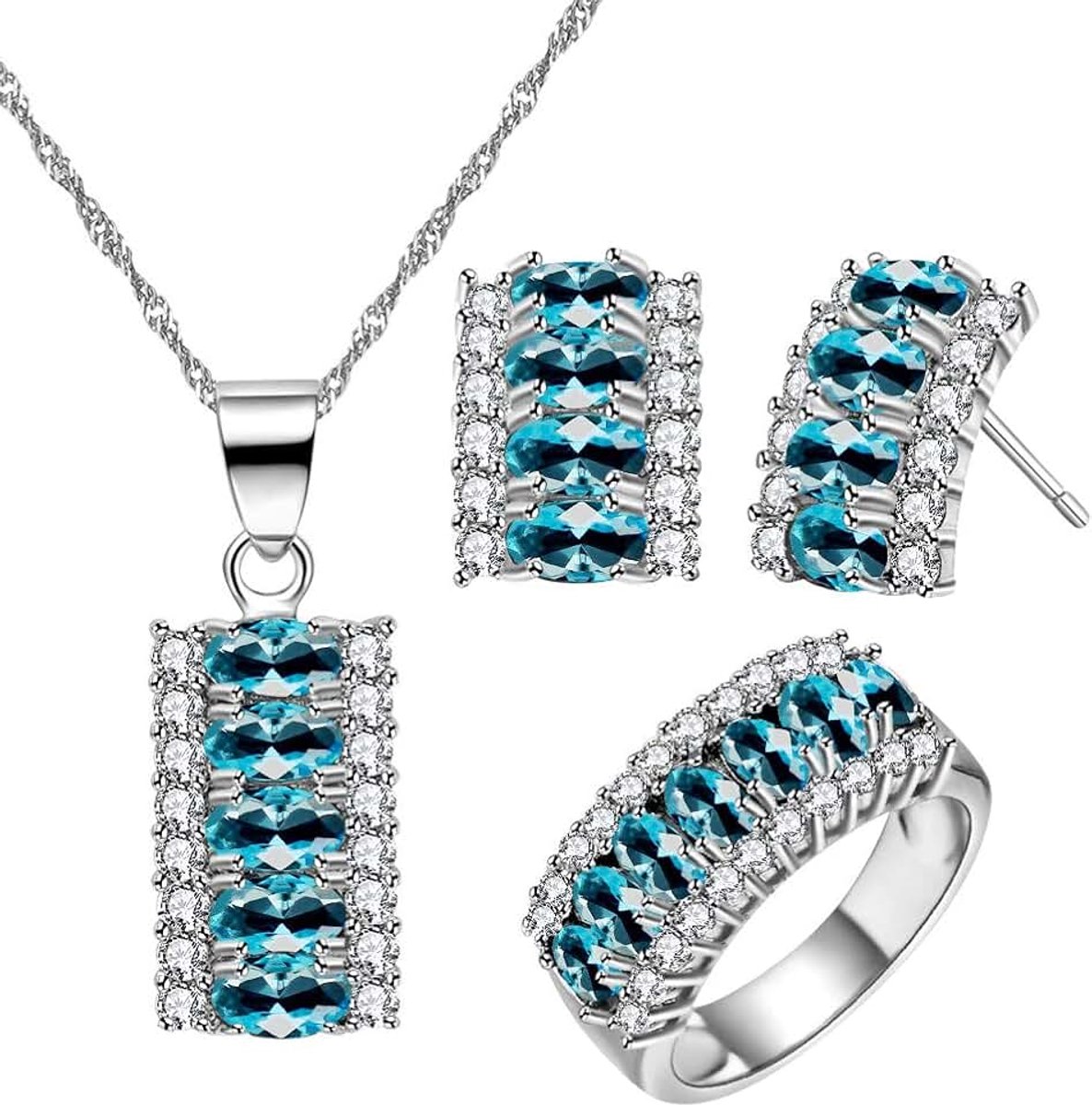 Platina vergulde ovale geslepen zirkonia 7 stenen ketting oorbellen en ring halve maan partij sieraden set T502