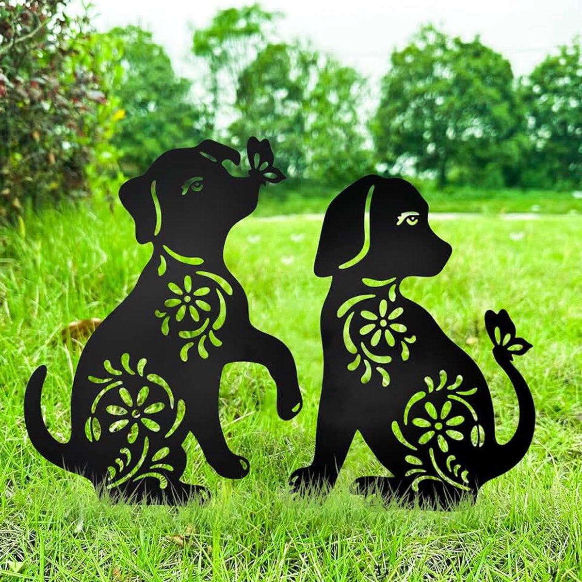 2 stuks metalen hondenpalen tuin decor staken zwarte hond silhouet standbeeld voor buiten metalen hond decoratieve ornamenten voor buiten tuin huis patio tuin decor (2)