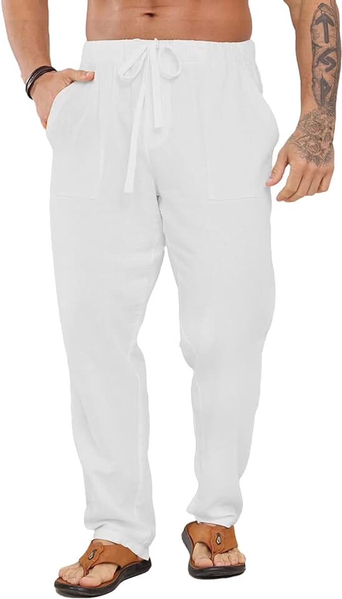 Linnen herenbroek, lange wijde zomerbroek, trekkoord, yogabroek met zakken, luchtige zonbescherming, strandbroek