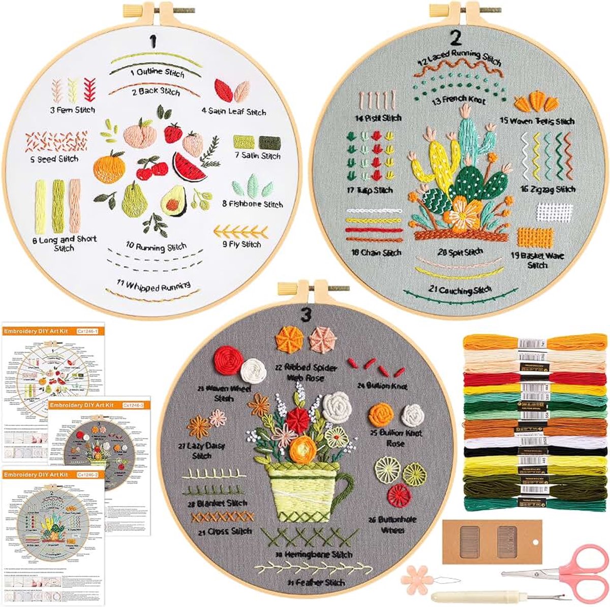 3 sets borduurset voor beginners en volwassenen, borduurset voor knutselliefhebbers om 31 verschillende steken te leren, doe-het-zelf handgemaakte kruissteekstarter met gereedschap, instructies