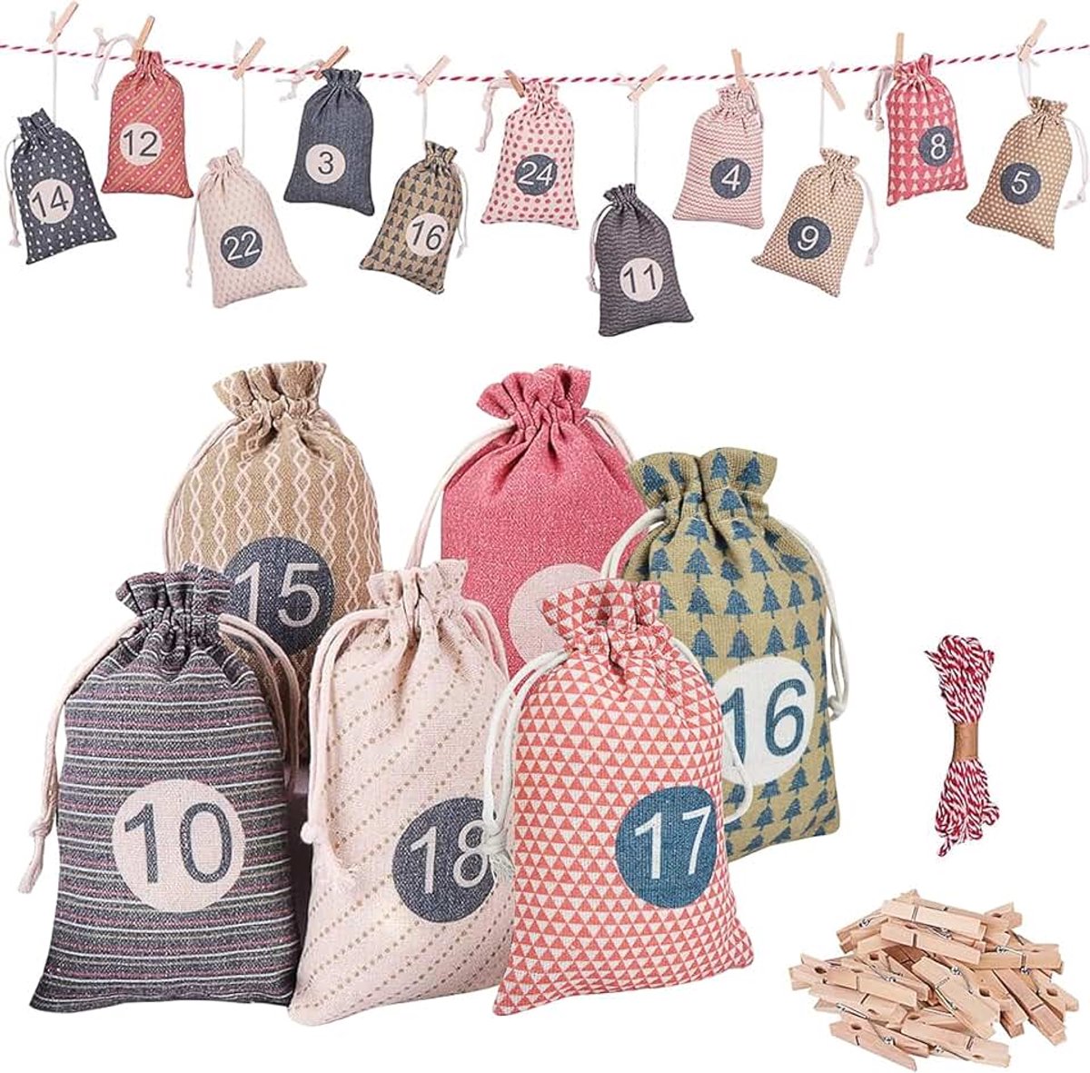 Adventskalender om zelf te vullen, 24 jute zakjes met cijfers | Perfect voor creatief vullen en decoreren, ideaal voor Kerstmis, familie en kinderen