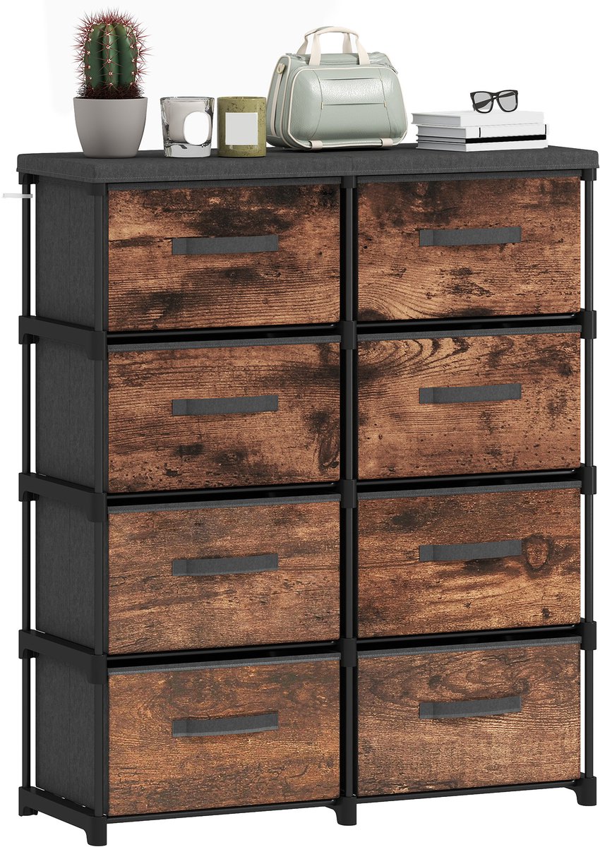 Social® Ladekast met 8 Lades - Stoffen Kast met Metalen Frame - Opbergkast voor Slaapkamer en Woonkamer - Industrieel - Vintage Bruin